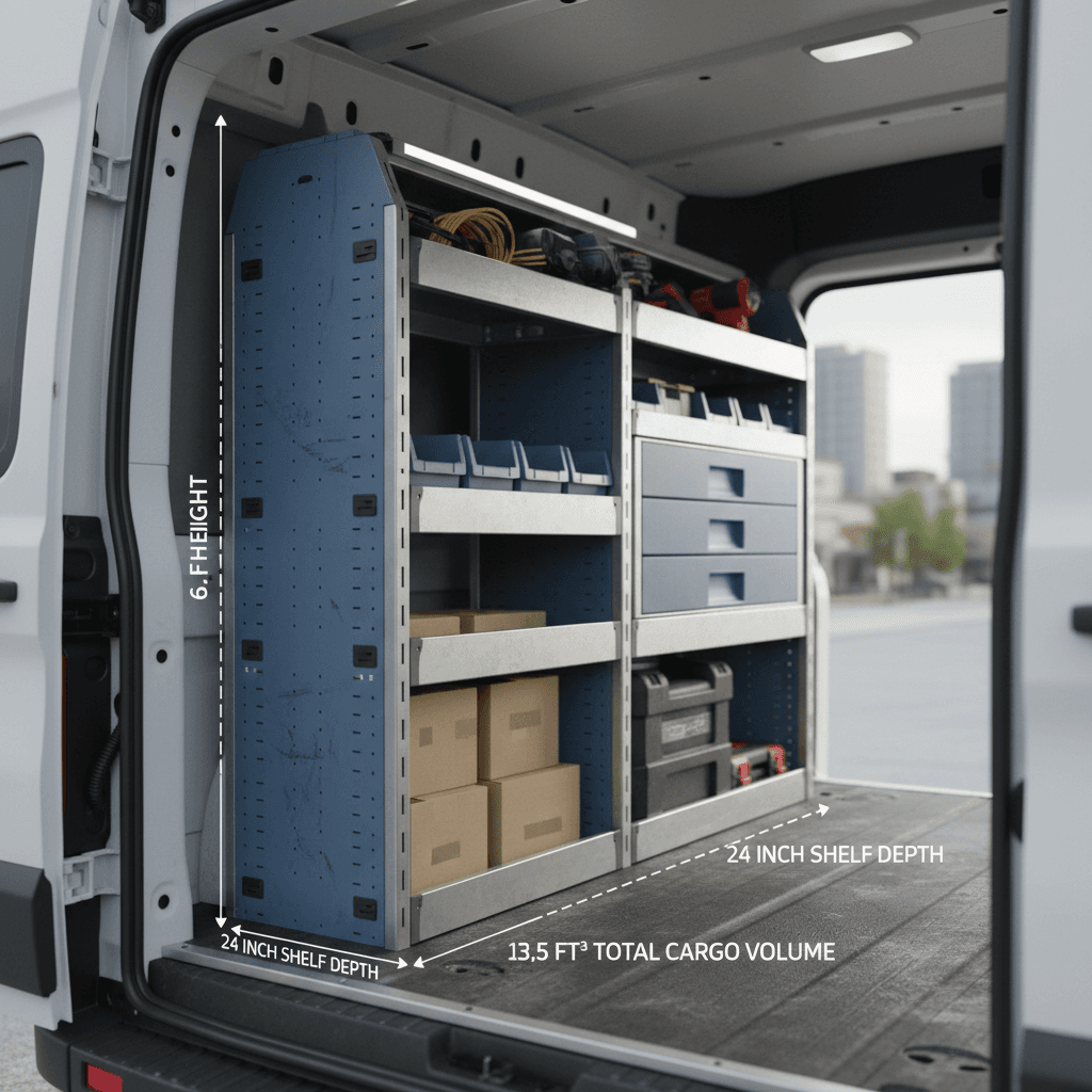 Interior of a Ford E-Transit cargo van showing roof height and length measurements marked along the walls and floor.