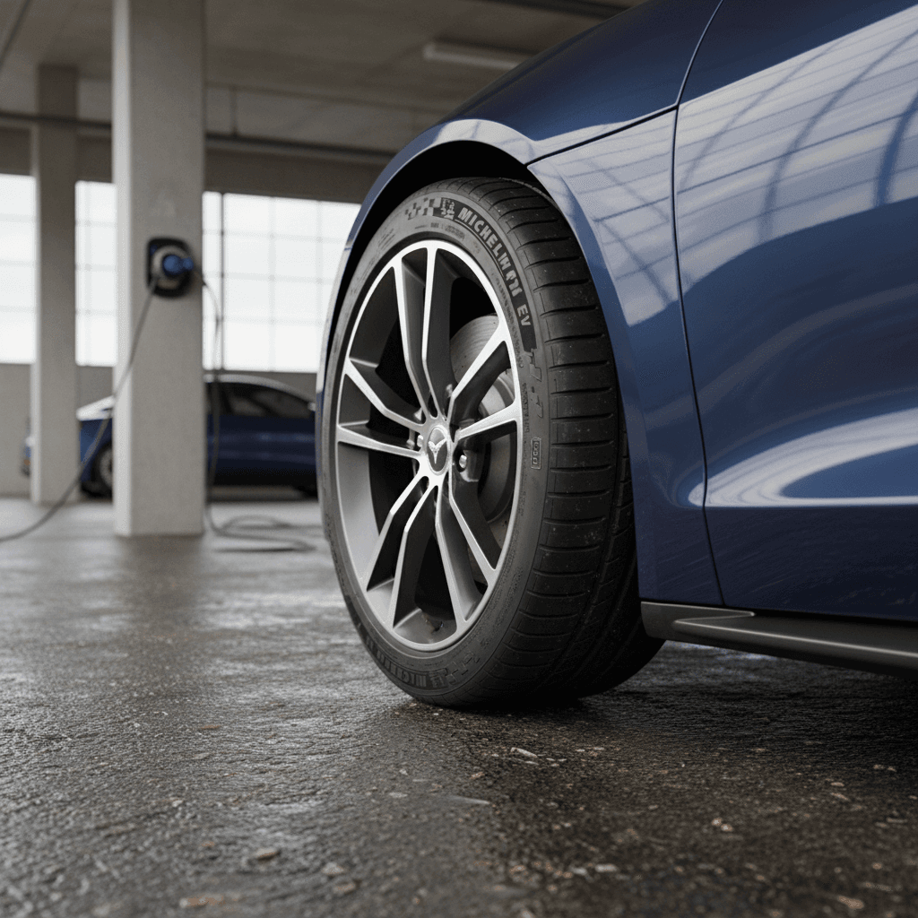 Close-up of an electric car fitted with low-rolling-resistance tires parked in an urban setting