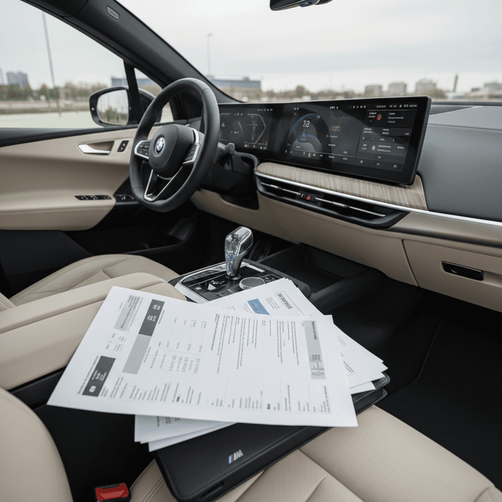 Driver reviewing BMW iX loan options with paperwork and digital dashboard visible