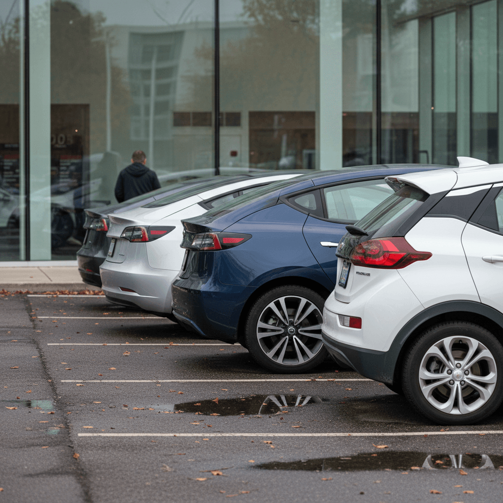 Lineup of popular used EVs under 40000 including a Tesla Model 3, Hyundai Ioniq 5, and Chevrolet Bolt parked outside a modern showroom