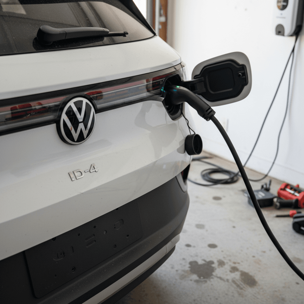 Close-up of a Volkswagen ID.4 charging port and rear badge while plugged into a Level 2 home charger