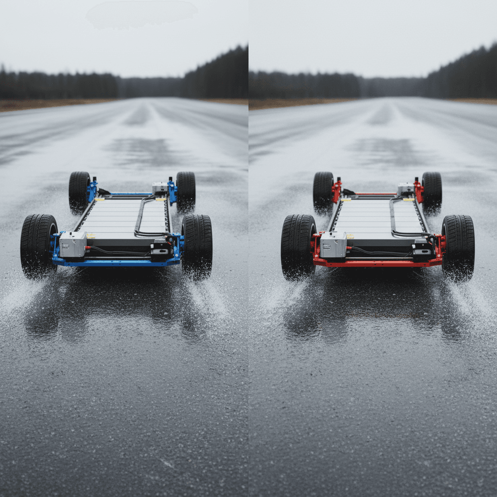 Diagram of an electric car comparing rear-wheel drive with one rear motor and all-wheel drive with front and rear motors overlaid on a battery pack