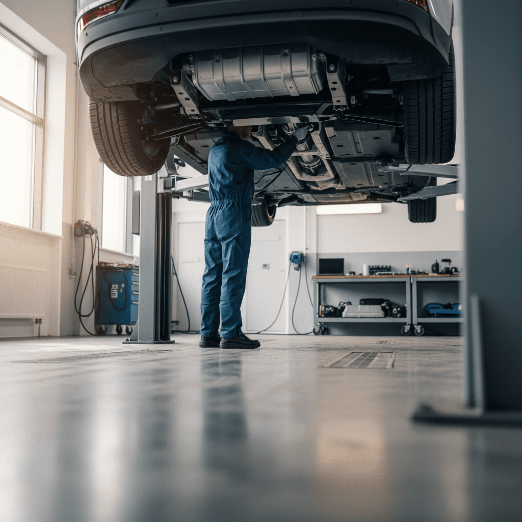 Technician performing a scheduled inspection on a Polestar 2 in a modern EV service bay