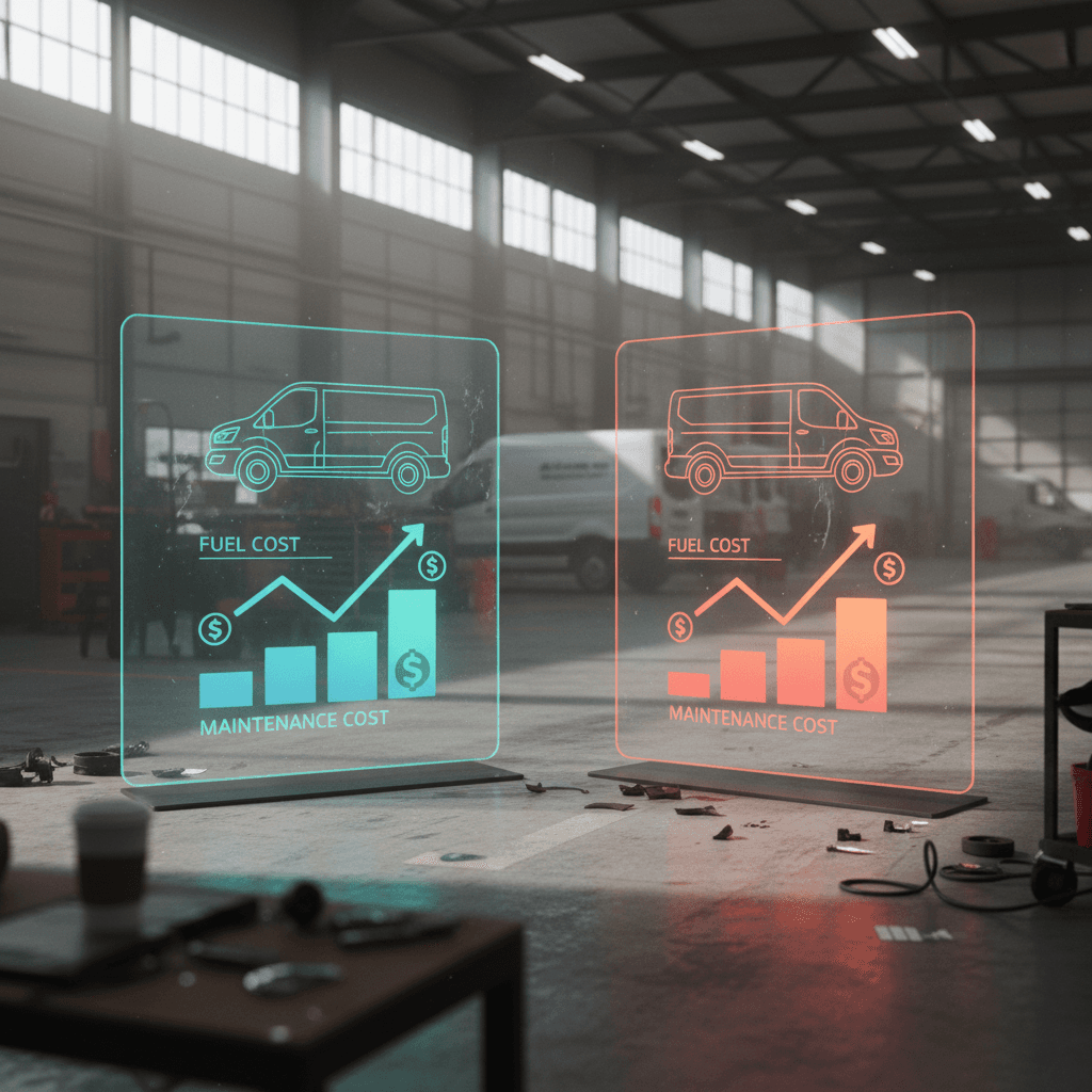 Infographic comparing Ford E-Transit versus gas Transit showing relative fuel and maintenance cost per mile for commercial fleets