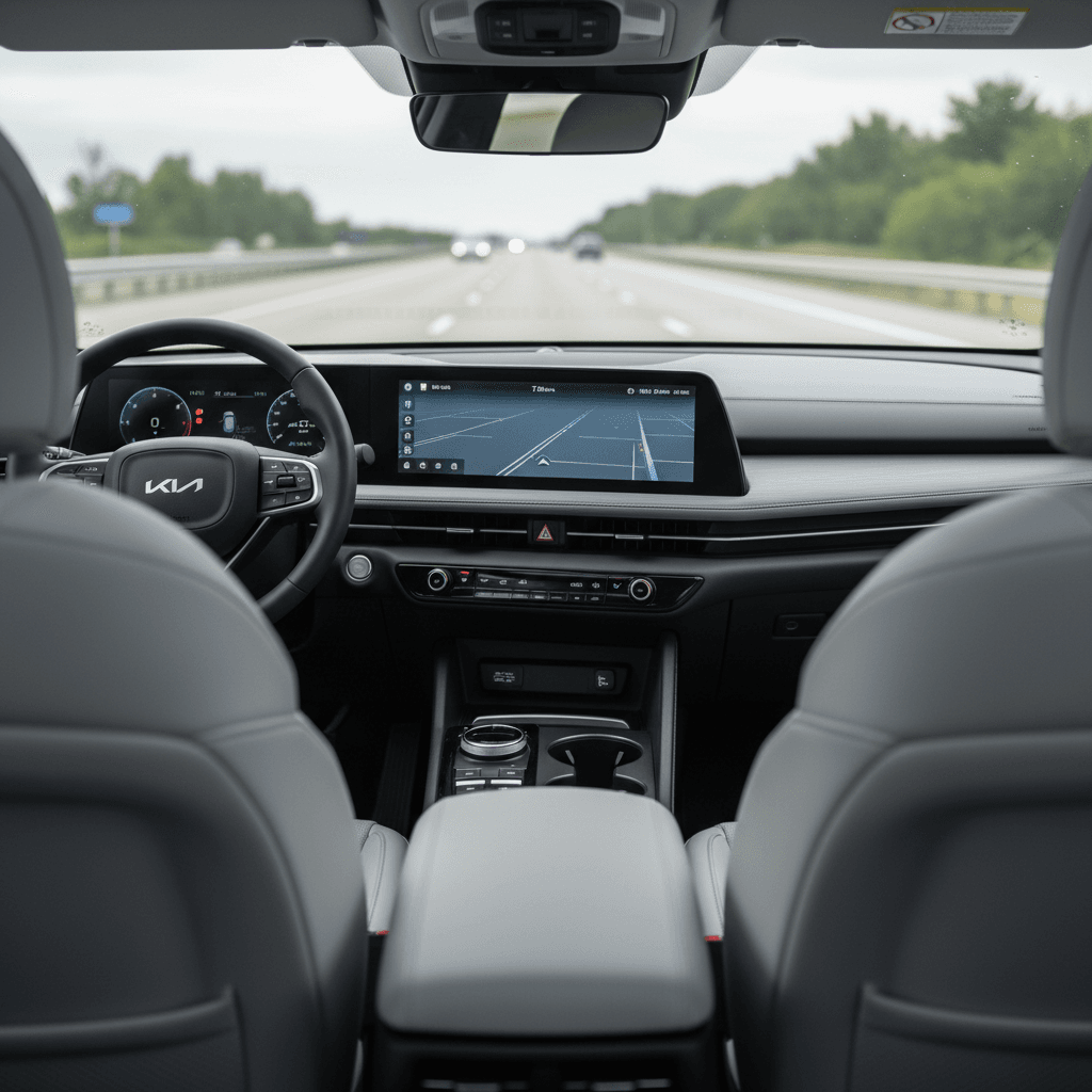 Driver’s view from the back seat of a Kia EV6 cruising on the highway with a calm, quiet cabin