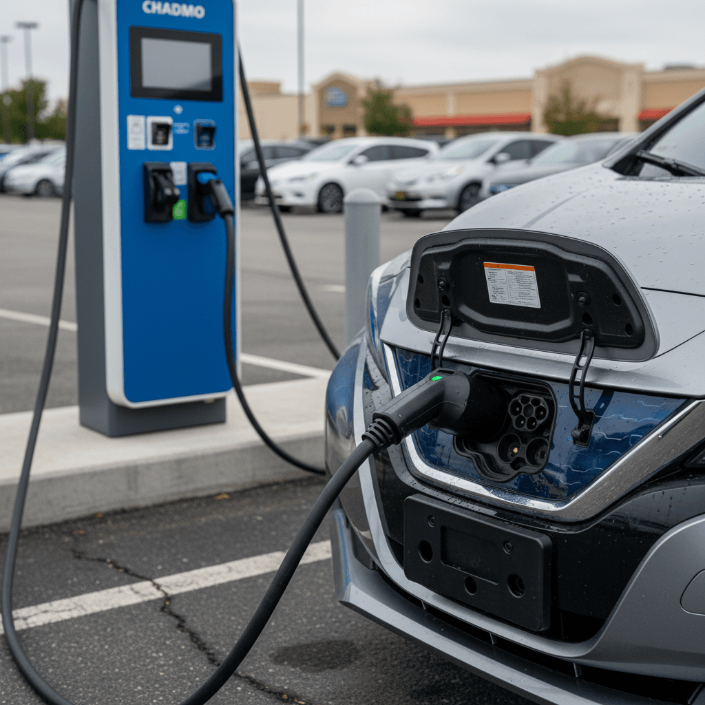 Nissan Leaf charging at a CHAdeMO fast charger in a public parking lot