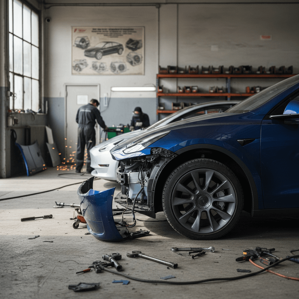 Technician working underneath an electric vehicle to access the battery pack in a service bay
