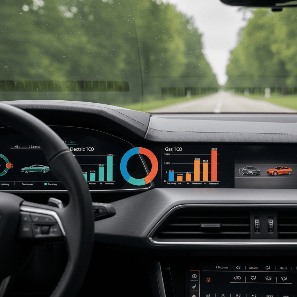 Side-by-side cost comparison graphics showing Audi e-tron GT electricity costs versus Audi A7 gasoline costs over several years