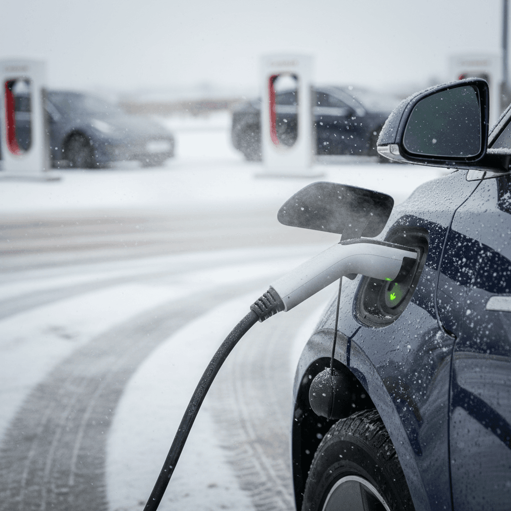 Tesla Model 3 plugged into a Supercharger in light snow, illustrating winter charging and range planning