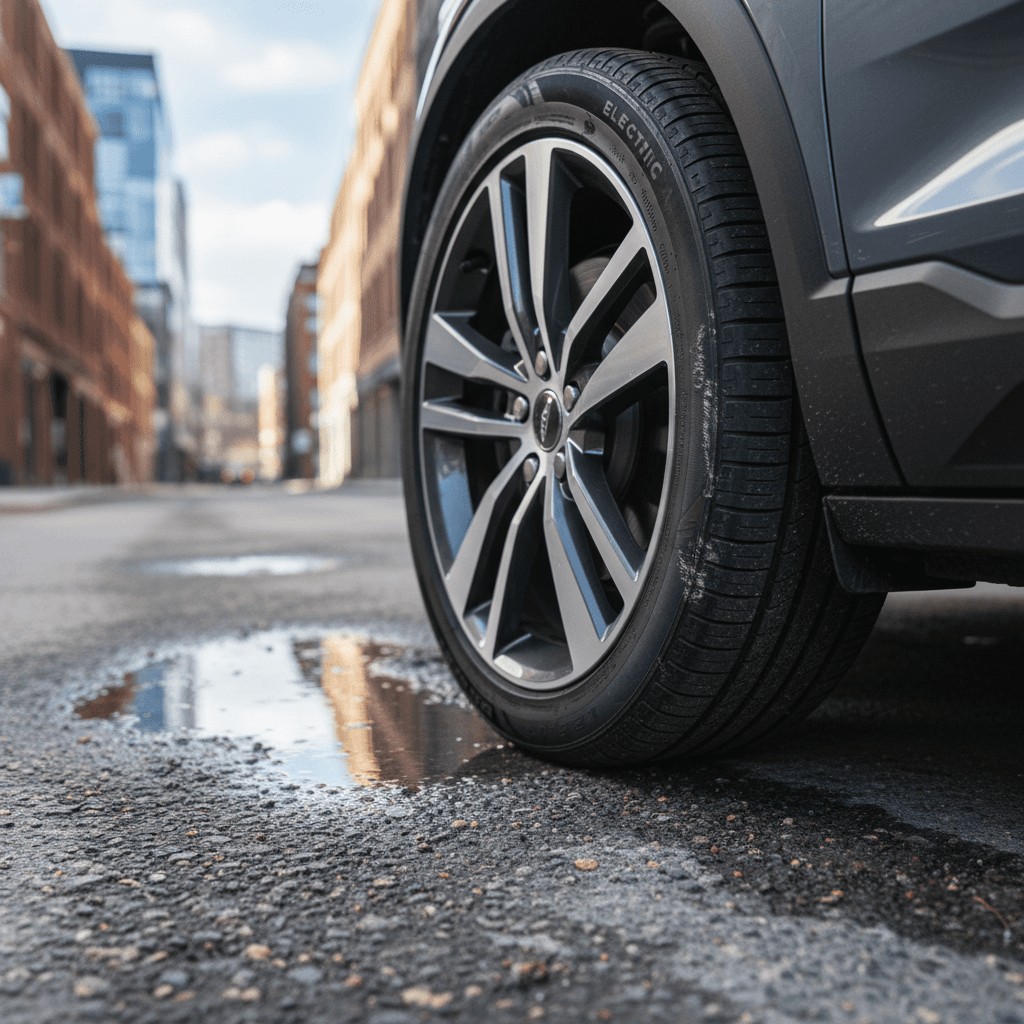 Close-up of a Volvo EX30 alloy wheel and tire, showing the tire size code on the sidewall