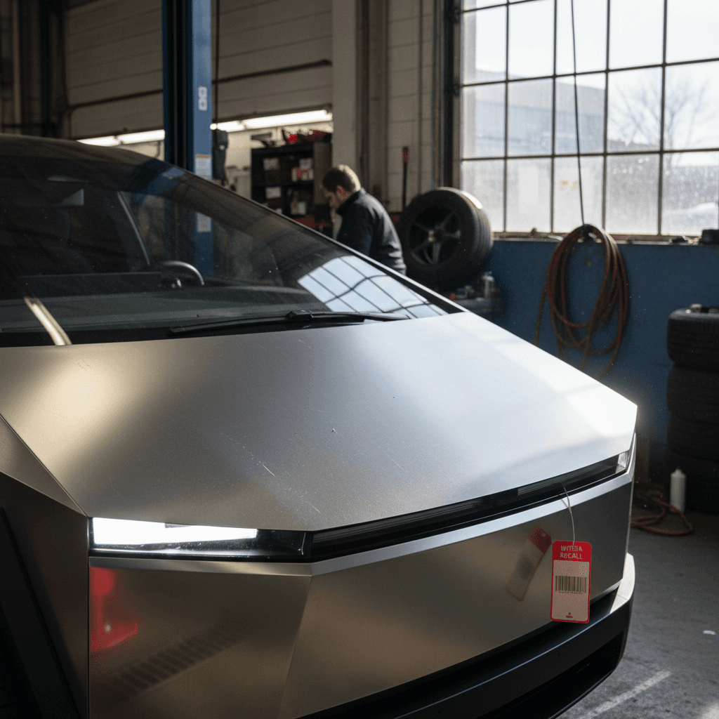 Tesla Cybertruck parked in a service bay with its large windshield wiper and headlight system visible up close.