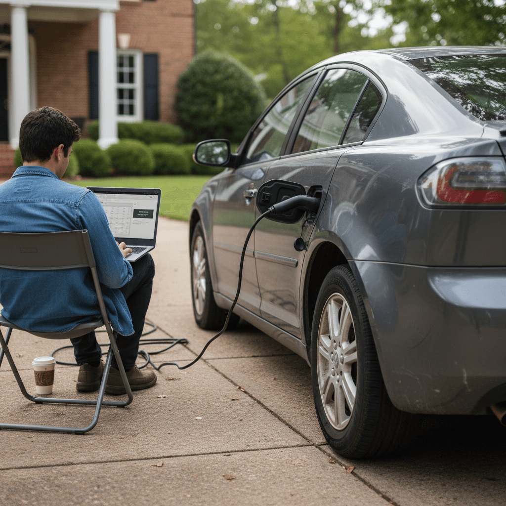 Georgia EV owner at home reviewing online offers for their used electric car on a laptop