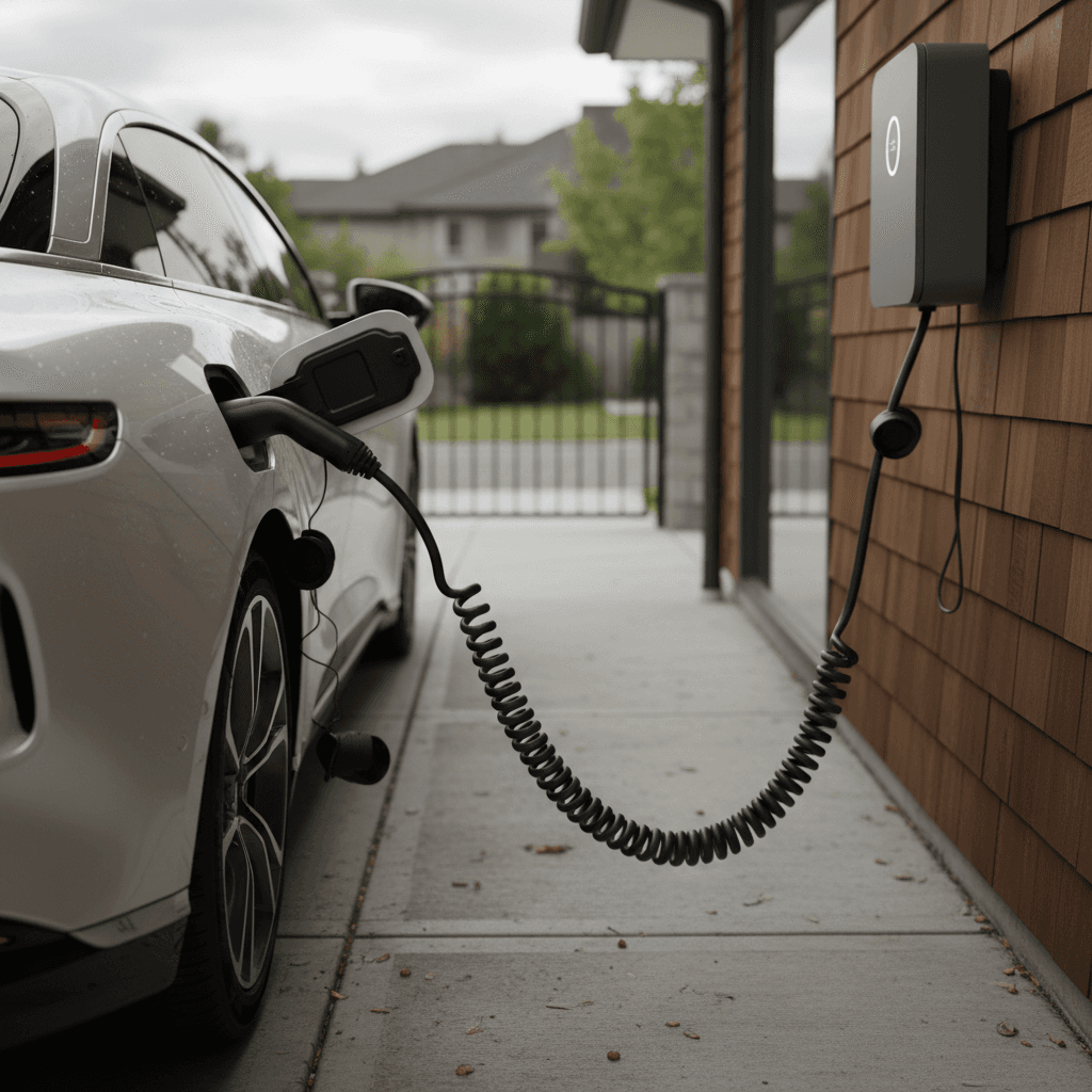 Lucid Air charging in a residential driveway from a wall-mounted Level 2 charger, illustrating typical home charging setup and cable connection