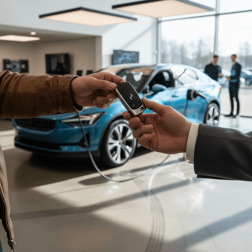 Customer discussing the sale of a used Polestar 2 with an EV specialist at a modern showroom
