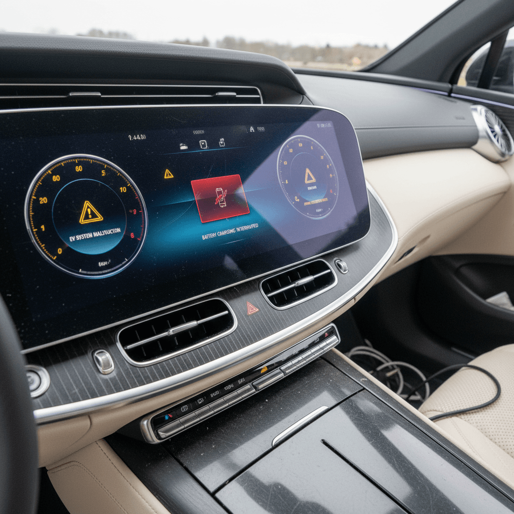 Mercedes EQS Hyperscreen and instrument cluster displaying multiple system warning messages