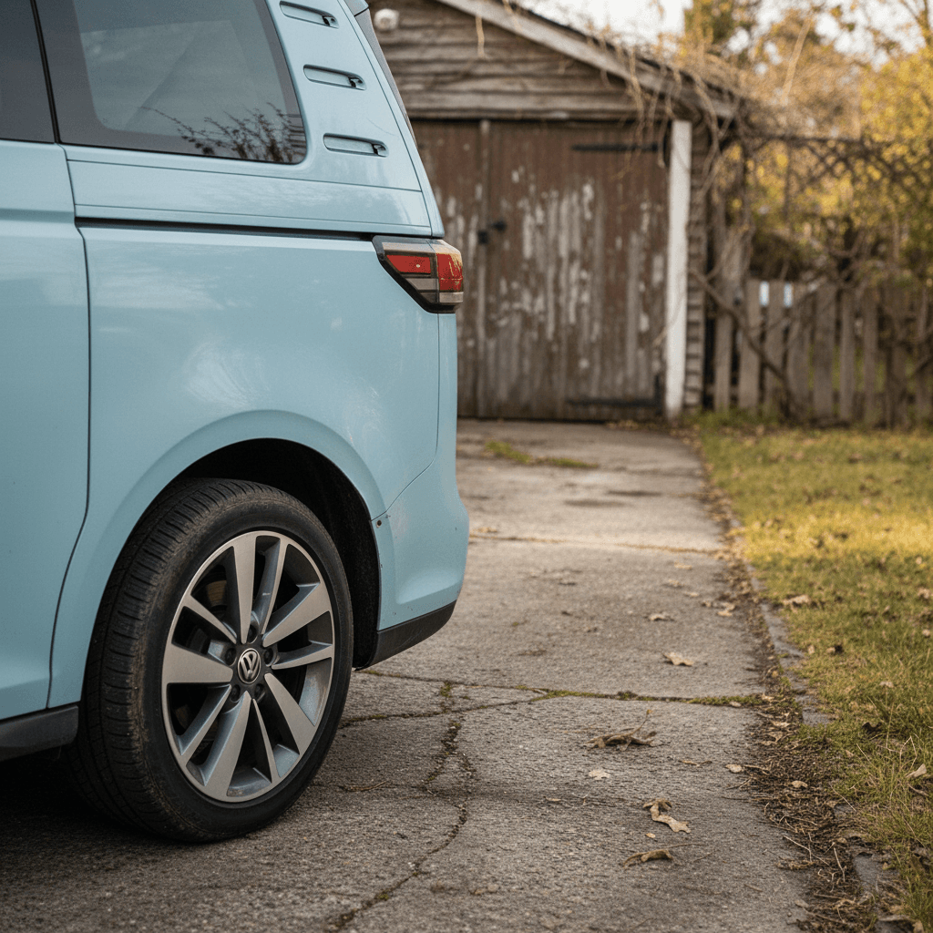 Volkswagen ID. Buzz parked in a residential driveway, showing body lines and wheels from the rear three-quarter angle