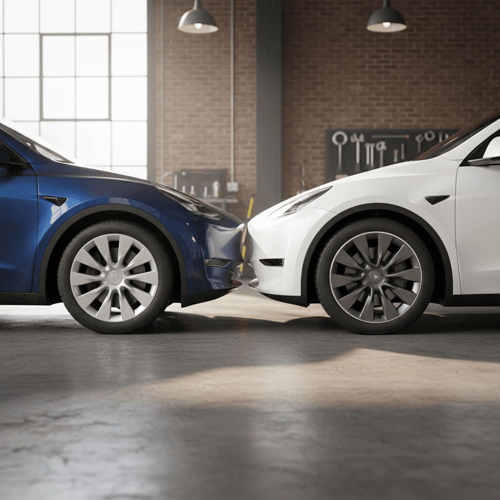 Tesla Model Y shown with 19 inch Gemini wheels next to another Model Y with 20 inch Induction wheels for visual comparison
