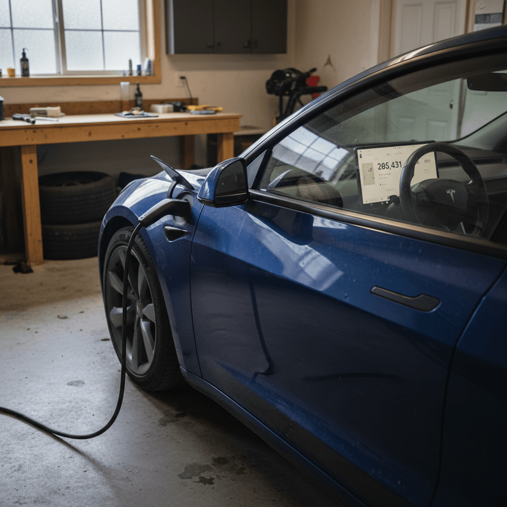 High-mileage Tesla Model 3 parked at a home charger with its state-of-charge and odometer displayed on the center screen.