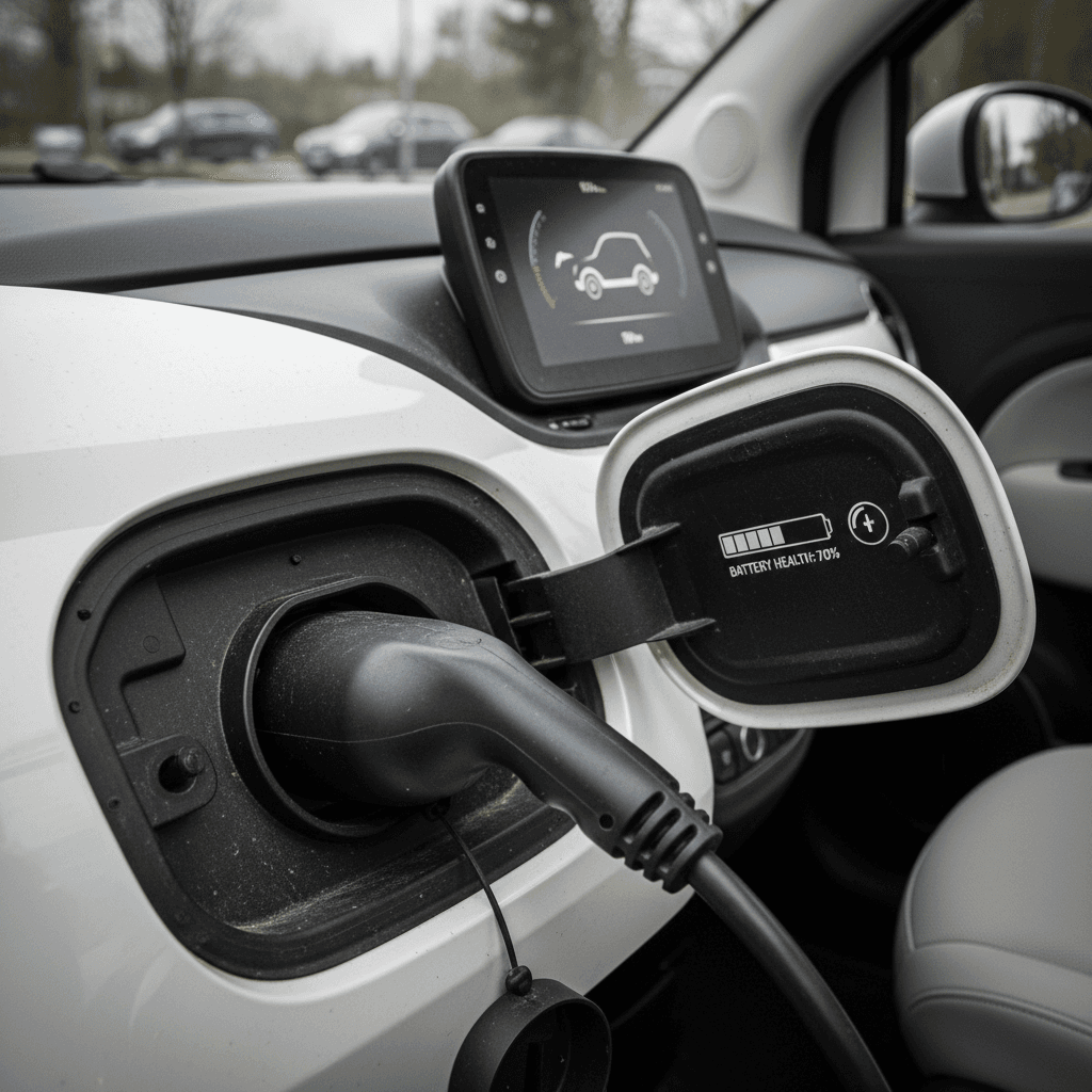 Close-up of a Fiat 500e charging port and digital battery gauge while plugged in