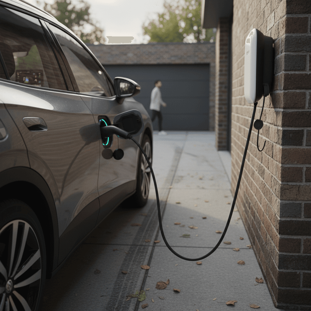2024 Volkswagen ID.4 plugged into a home Level 2 charger in a driveway