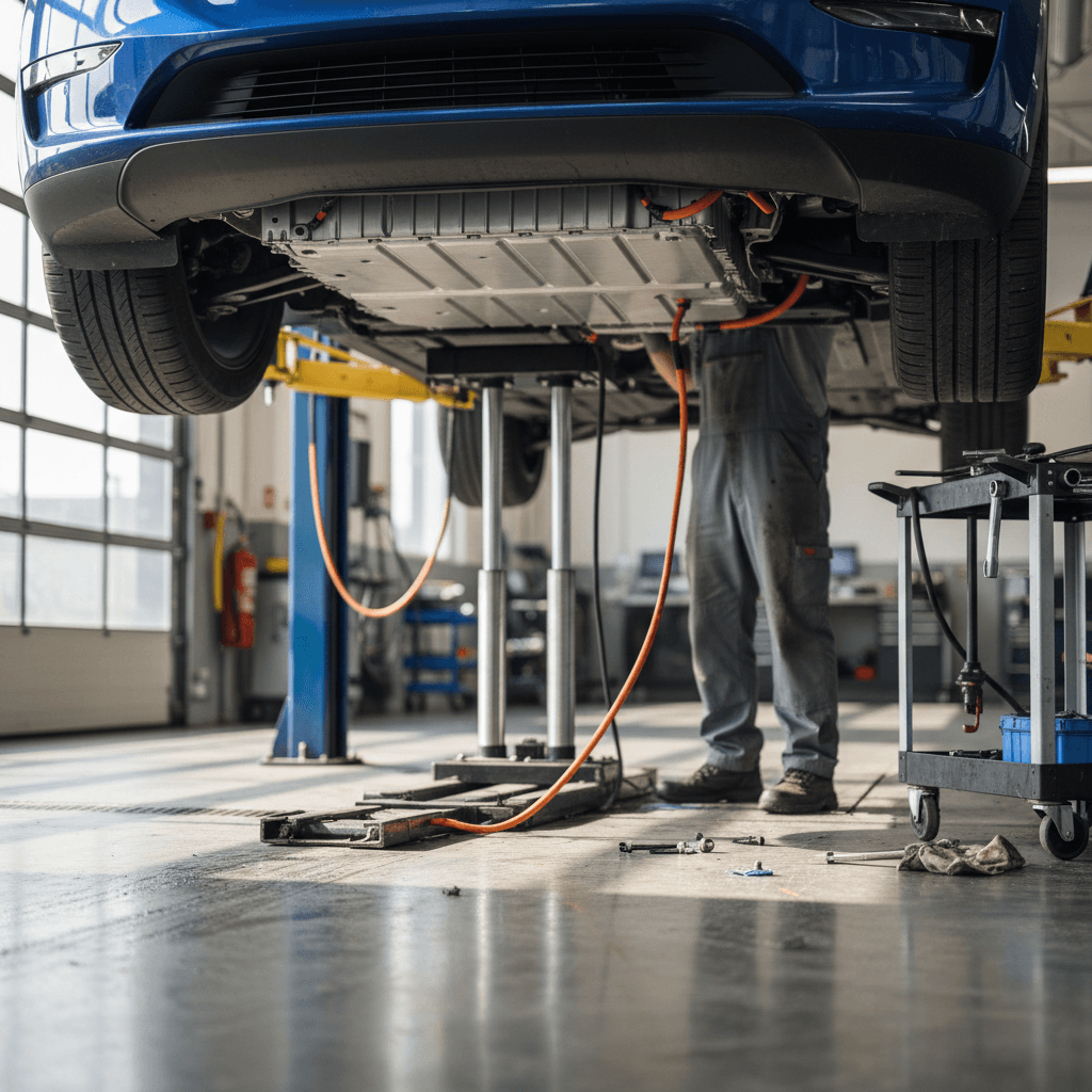 Technician removing a Tesla Model Y battery pack in a service bay, showing the large flat pack under the vehicle