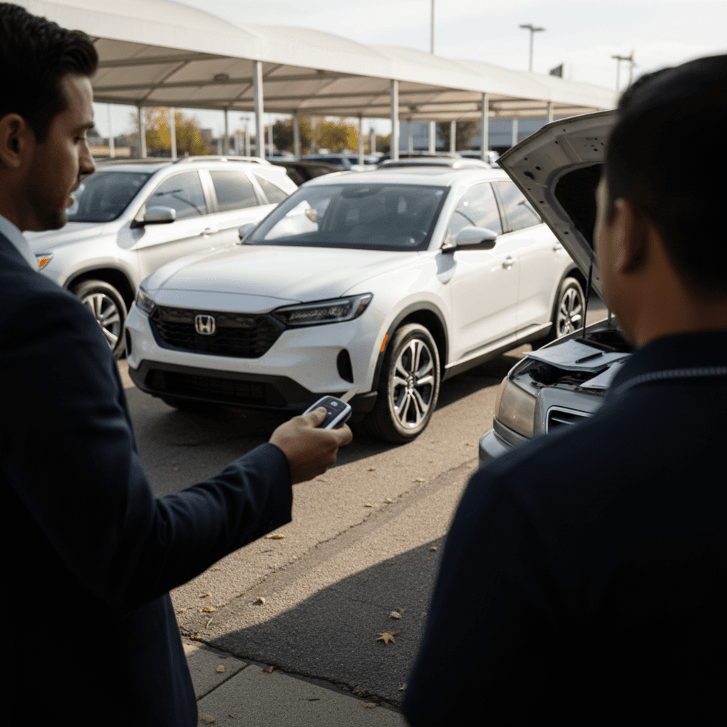 Honda Prologue owner meeting with a buyer or appraiser in a dealership lot, electric SUV in the background