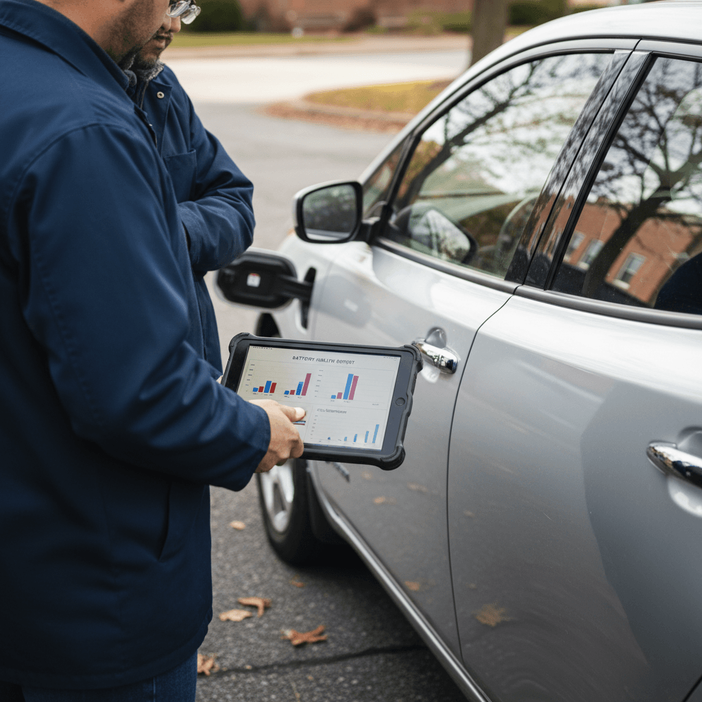 Seller and buyer reviewing a detailed EV battery health report next to an electric car in a Virginia driveway