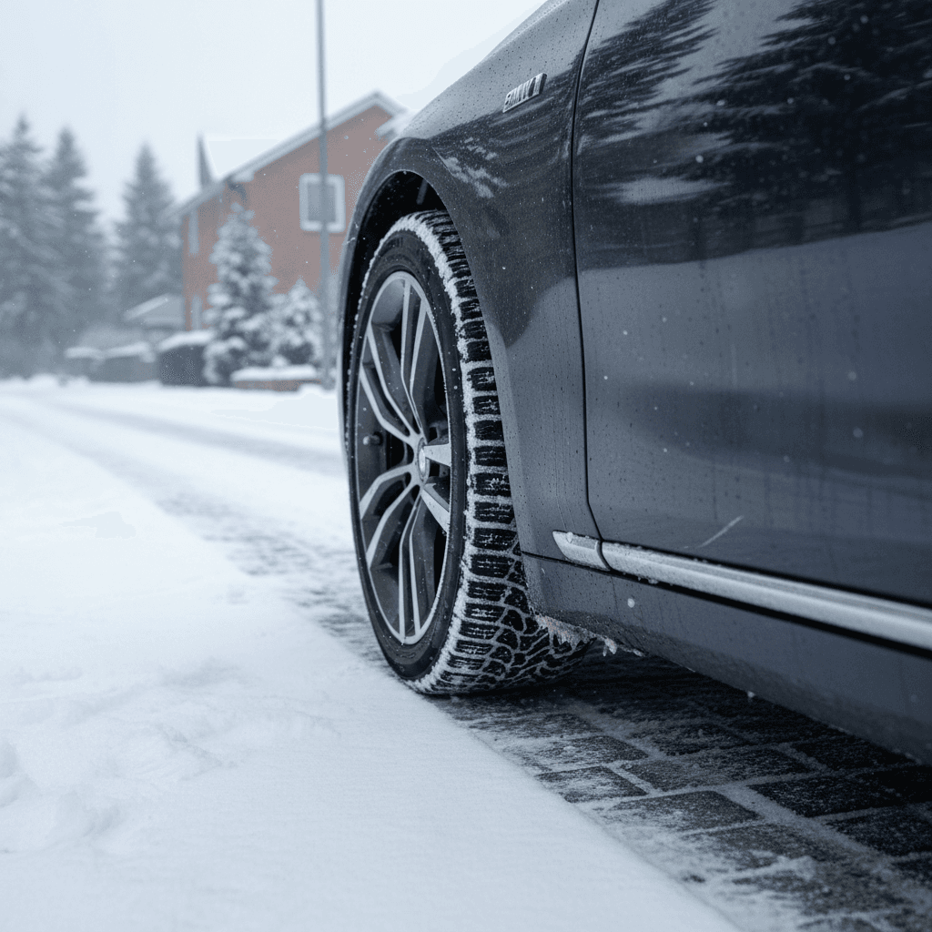 BMW i7 sedan fitted with winter tires parked on a snowy neighborhood street