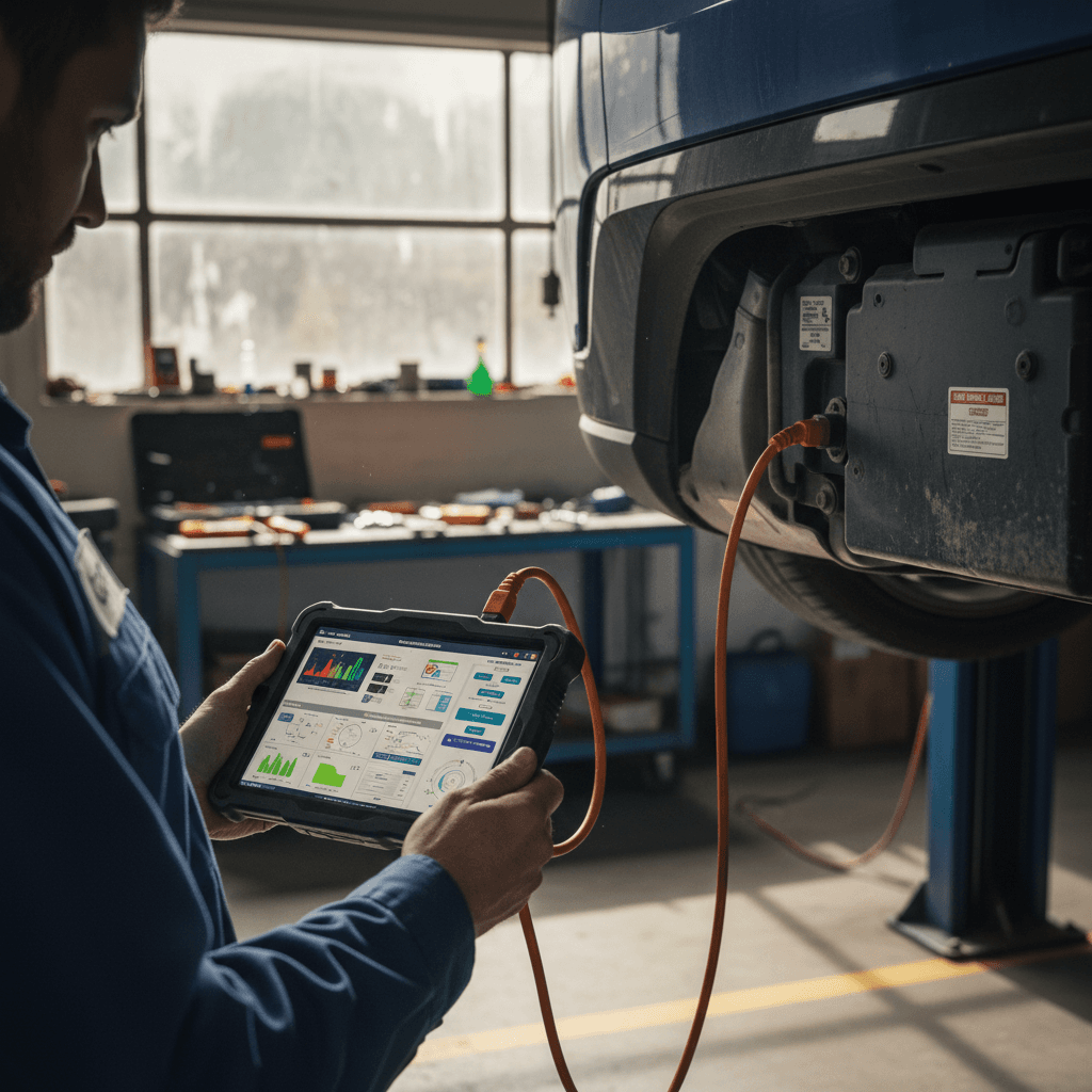 Technician using diagnostic tablet to check battery health on a used electric vehicle in a service bay