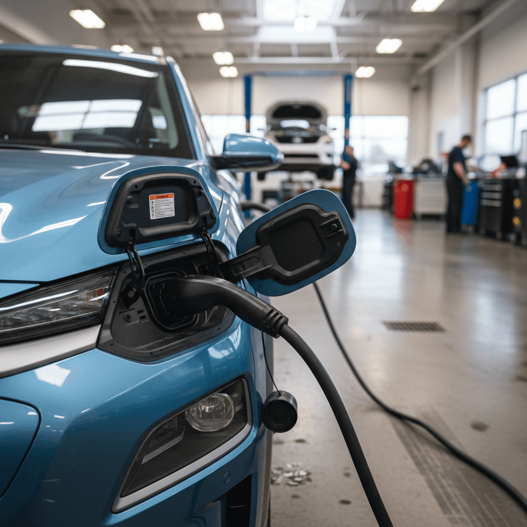 2022 Hyundai Kona Electric in a dealer service bay with the hood open for recall inspection