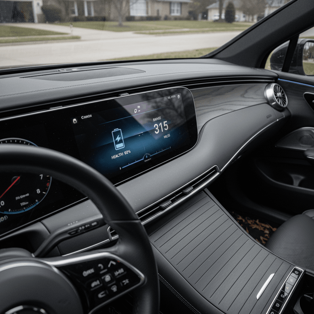 Digital instrument cluster of a 2023 Mercedes EQS showing state of charge, range estimate, and odometer while parked.