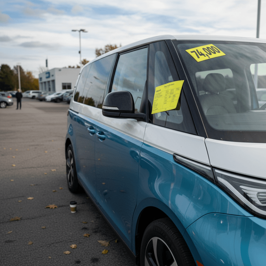 Used Volkswagen ID. Buzz vans parked on a dealer lot with price stickers in the windows