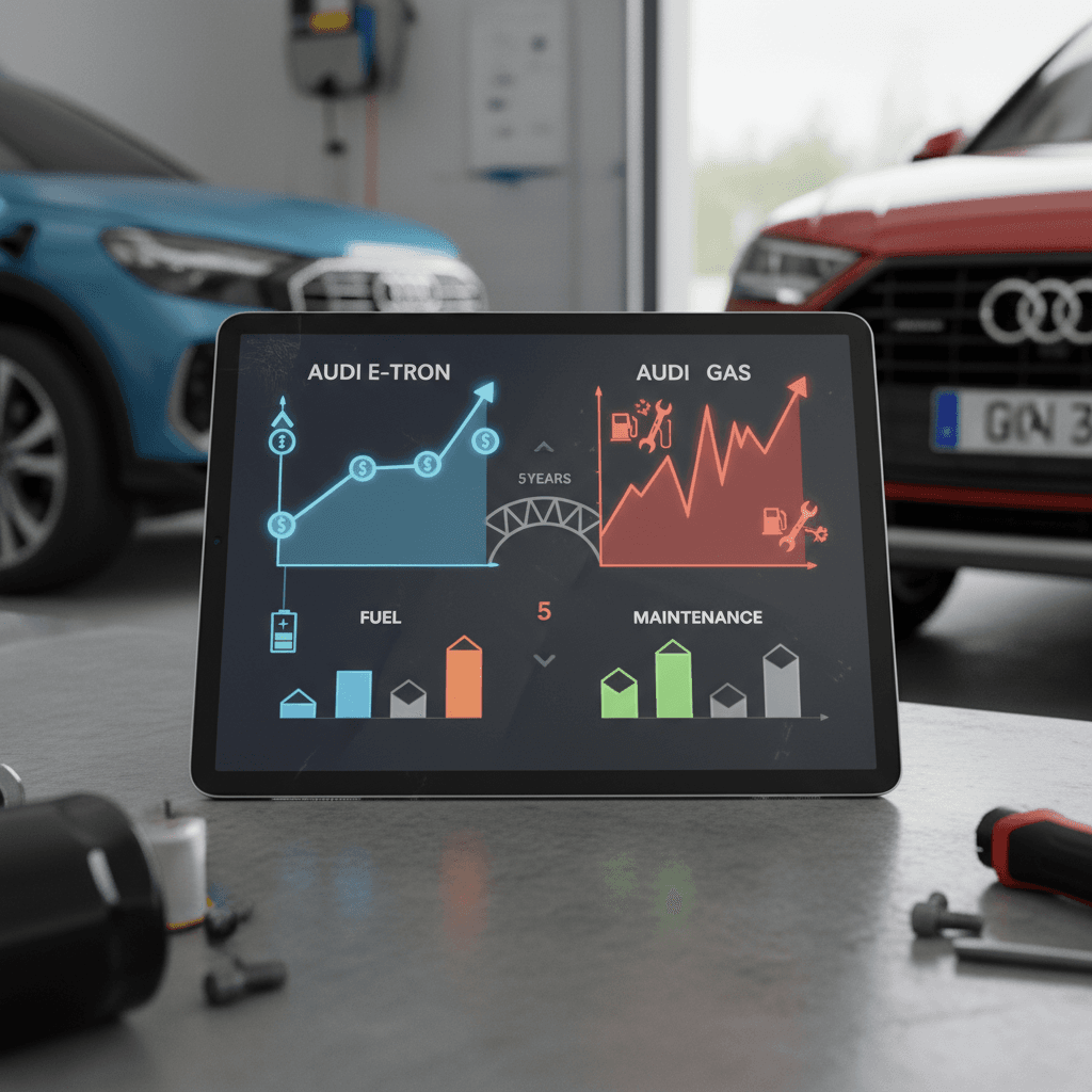 Side-by-side comparison graphic for Audi Q4 e-tron and Audi Q5 showing five-year fuel and maintenance savings for the EV
