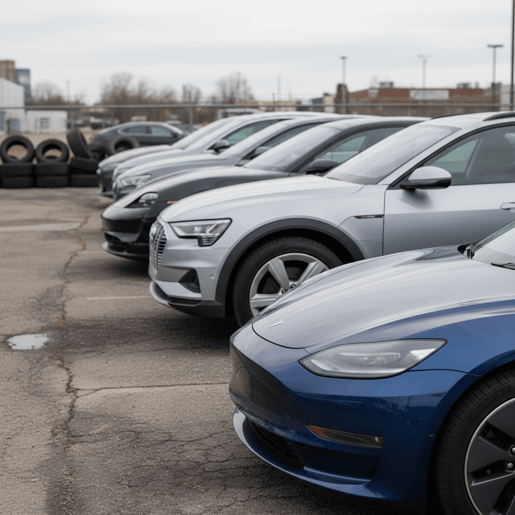 Row of used electric cars including a Tesla Model 3, Mustang Mach-E, Hyundai Ioniq 5 and Kia EV6 parked at a dealership