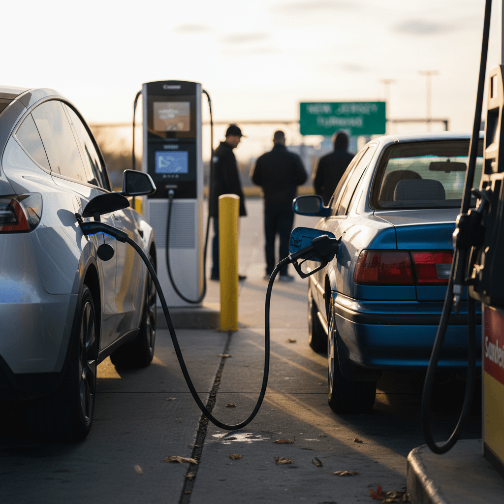 Electric car and gas car side by side at a New Jersey fueling station, one at a gas pump and one at a fast charger