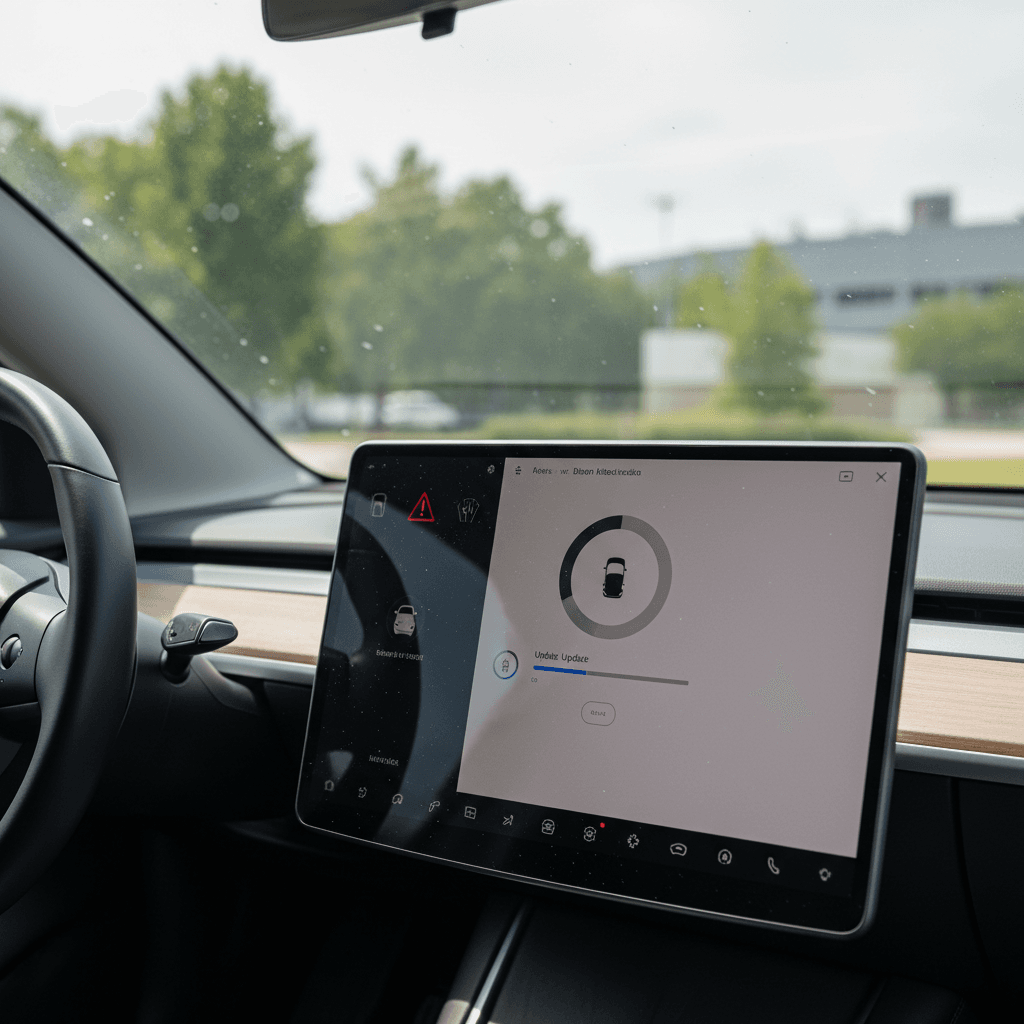 Tesla Model Y touchscreen showing a pending over-the-air safety update notification