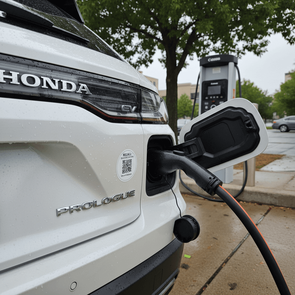 Close-up of a Honda Prologue digital instrument cluster and center screen while parked at a charging station