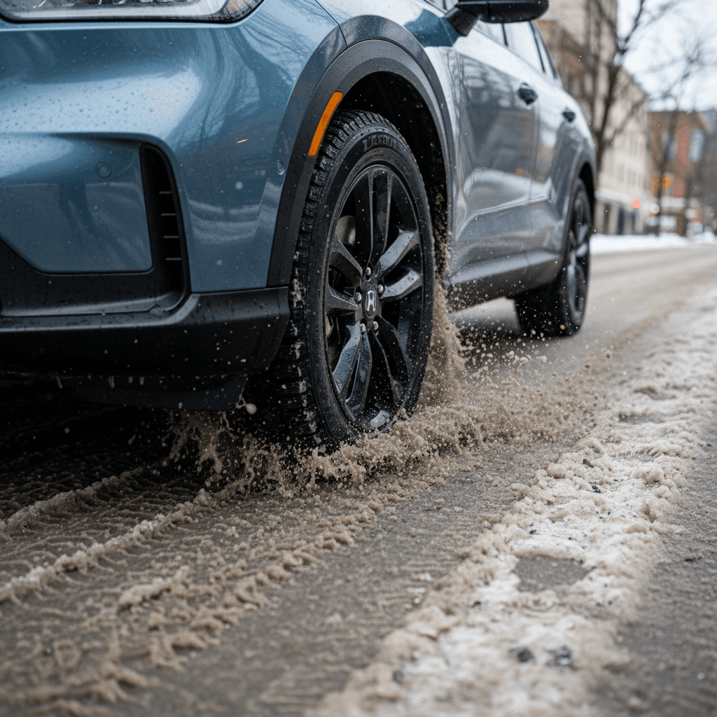 Honda Prologue wheel and tire cutting through slushy, snow-covered city street
