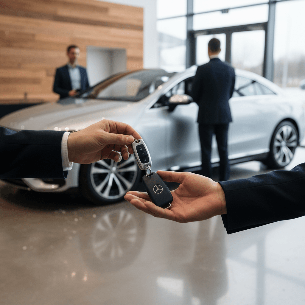 Mercedes EQE seller handing keys to a buyer inside a bright, modern EV showroom