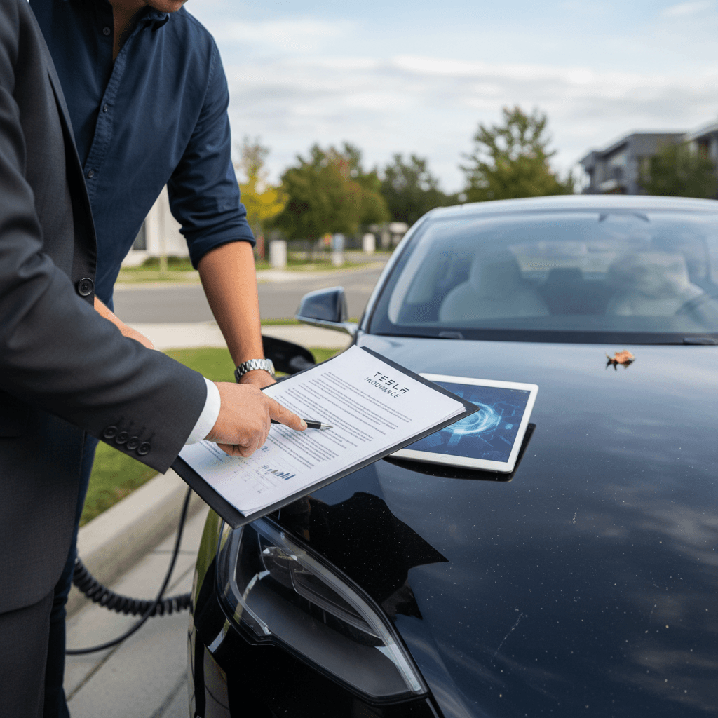 Tesla Model S owner talking to an insurance agent beside the car, reviewing options for lowering premiums