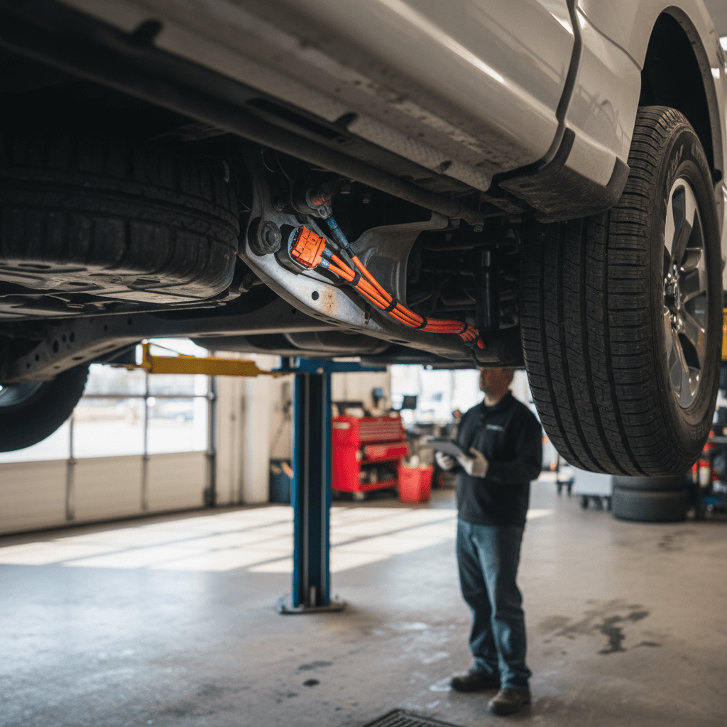 Ford F-150 Lightning on a lift in a service bay with a technician inspecting the front suspension and control arms