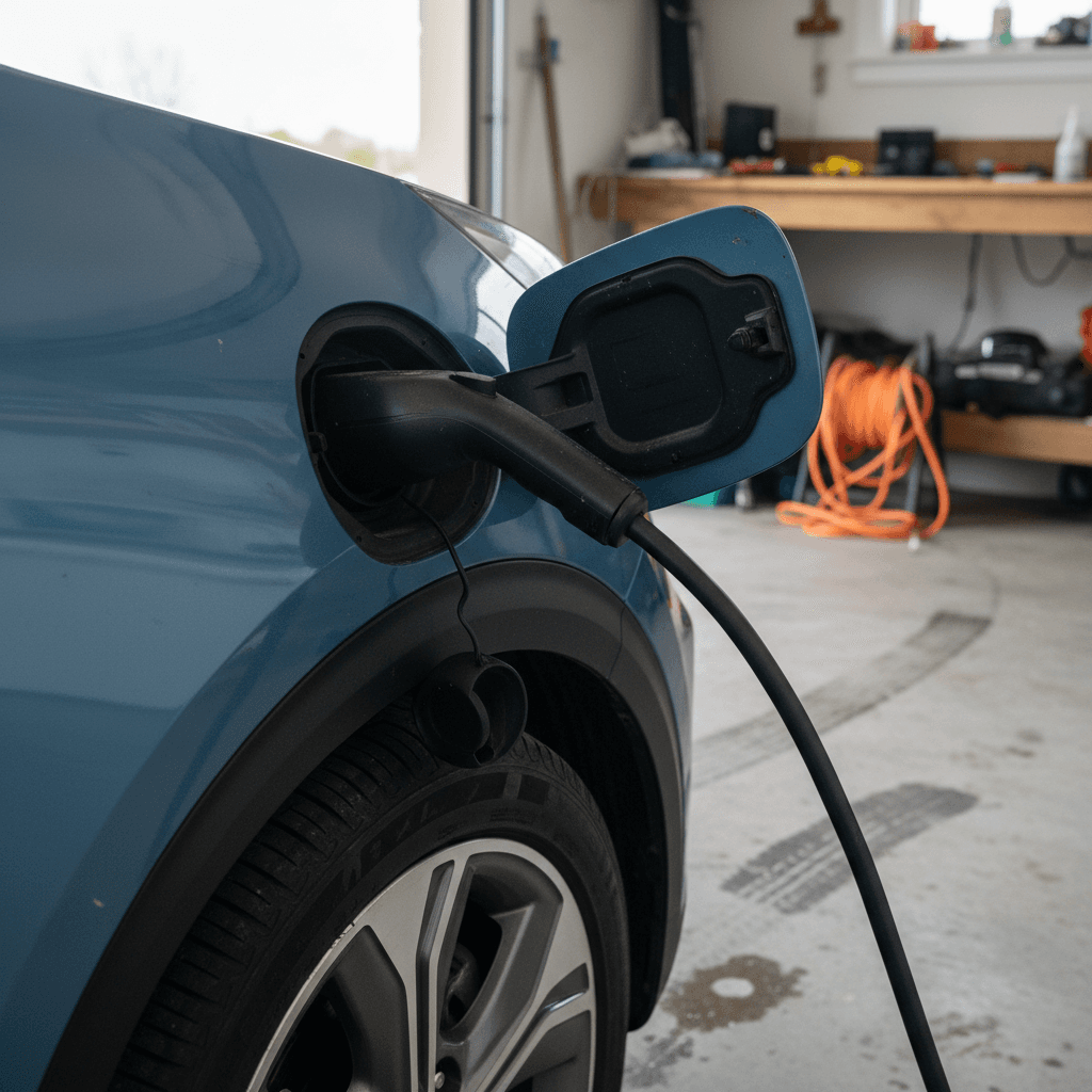 Close view of a Kia Niro EV charging port and wheel while plugged into a home charger