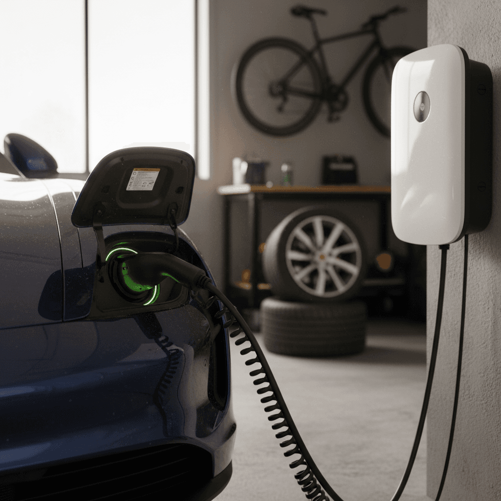 Porsche Taycan plugged into a home wallbox charger in a garage, illustrating low home charging cost per mile