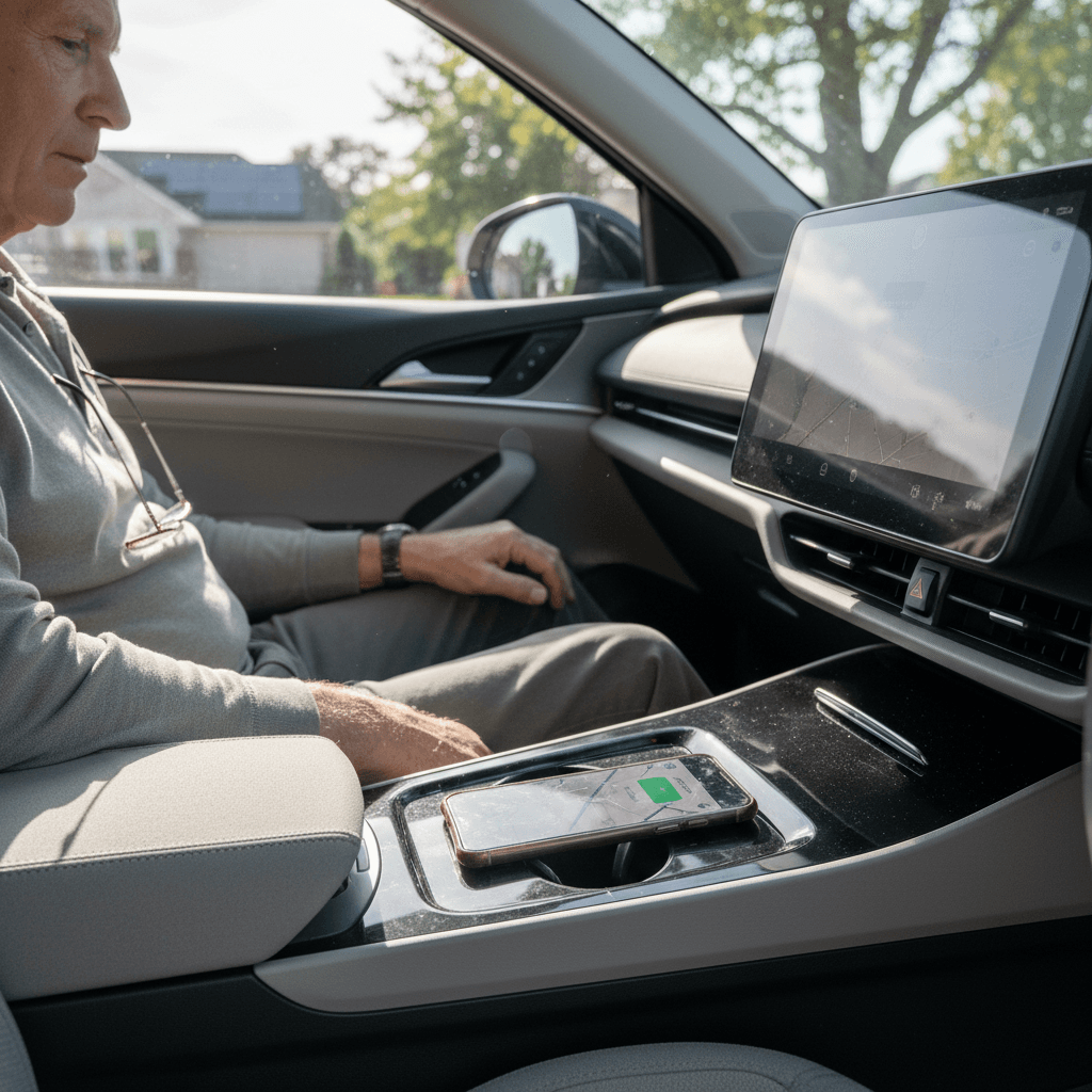 Compact electric crossover SUV parked on a quiet suburban street, showing easy step-in height.
