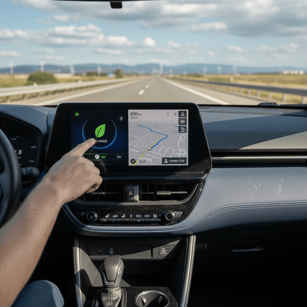 Toyota bZ4X driver using the central touchscreen to plan a charging stop and enable ECO mode before a highway trip
