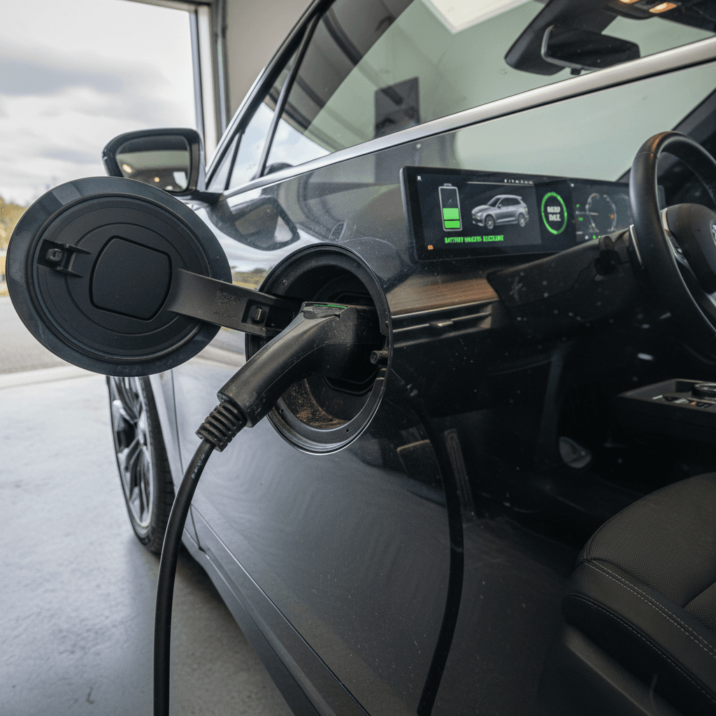 BMW iX plugged into a home charger with a digital dashboard showing strong battery health, ready to be photographed and listed for sale