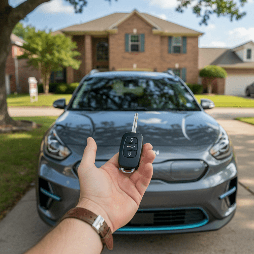 Seller and buyer reviewing a battery health report for a 2020 Kia Niro EV before finalizing a sale