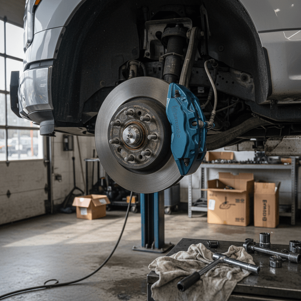 Ford F-150 Lightning wheel and brake components exposed on a lift at a repair shop