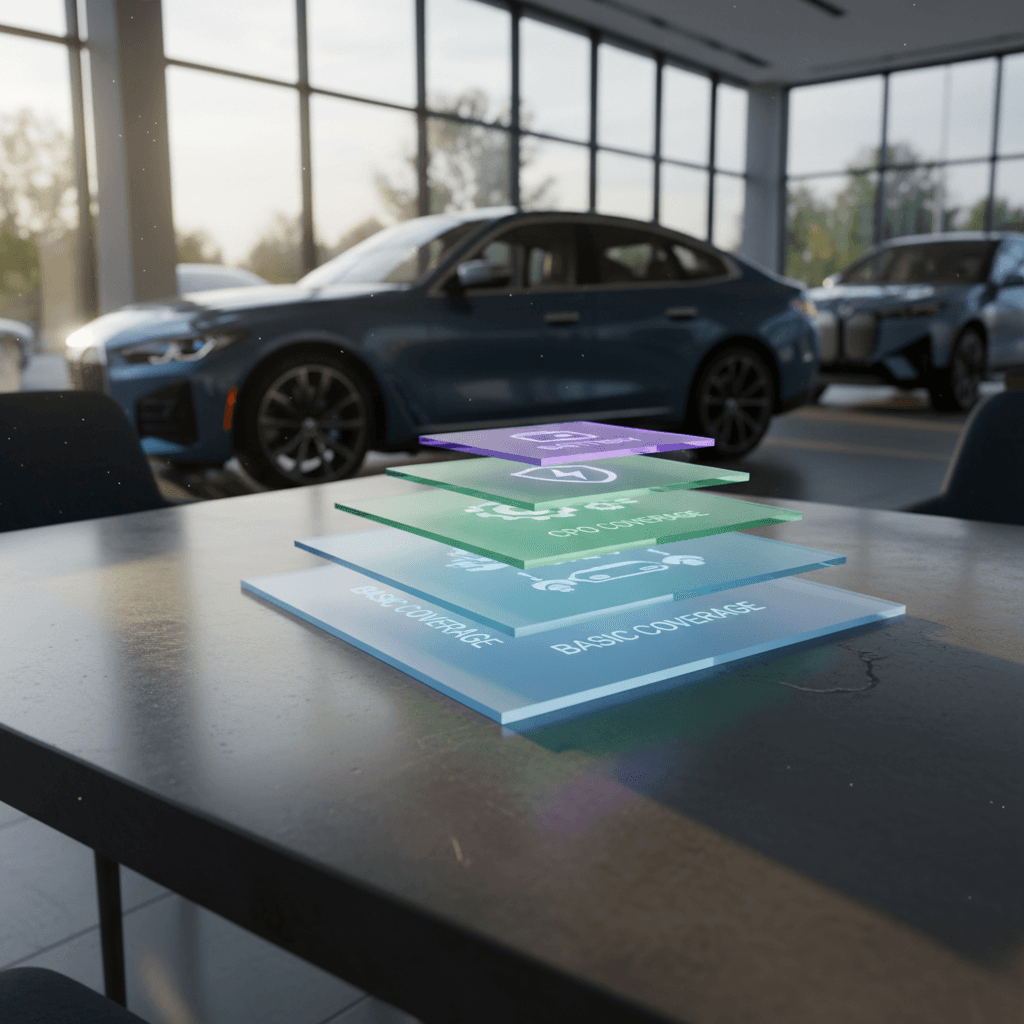 Diagram showing stacked coverage for a BMW EV: factory warranty, battery warranty, and BMW Certified Pre-Owned warranty