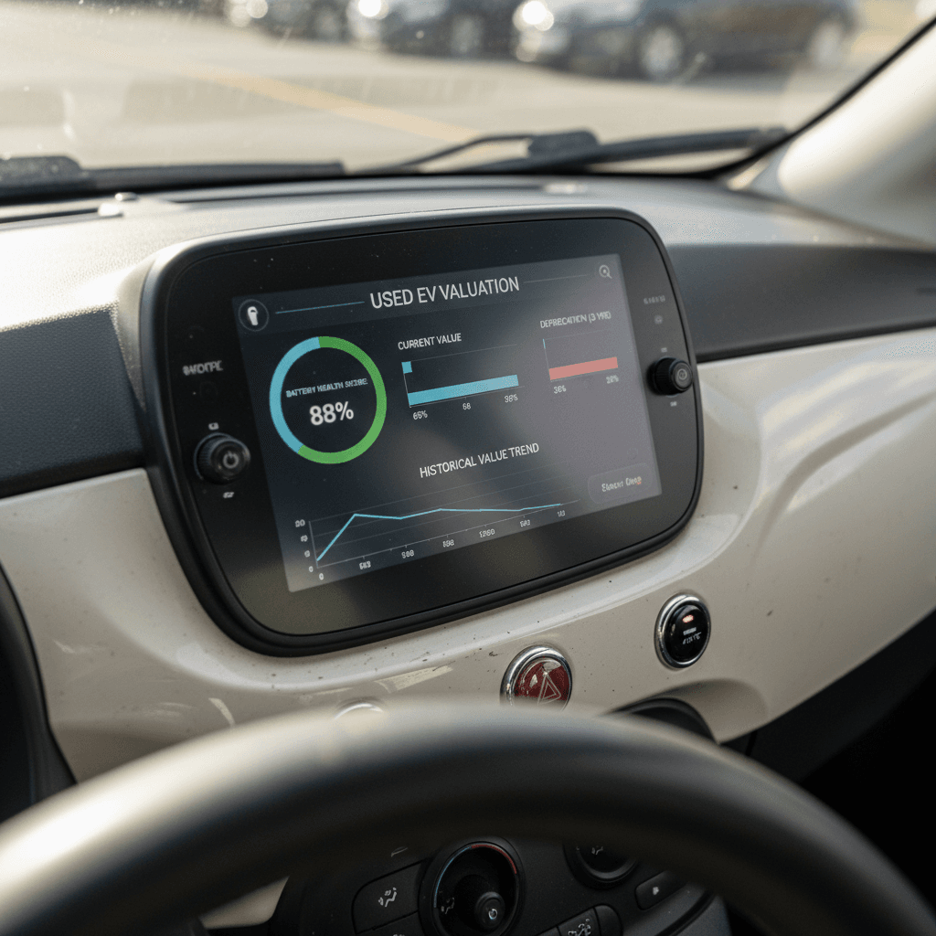 Dashboard of an electric car showing battery state of charge and estimated range alongside a value estimate graph